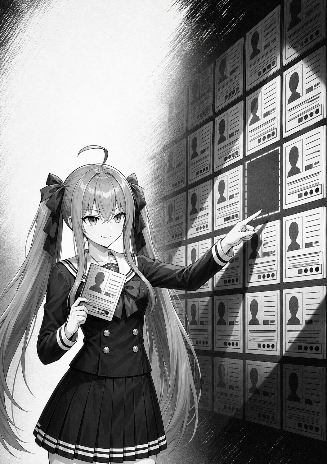 Manga panel of Tsumugi inspecting a wall of evidence for a missing row