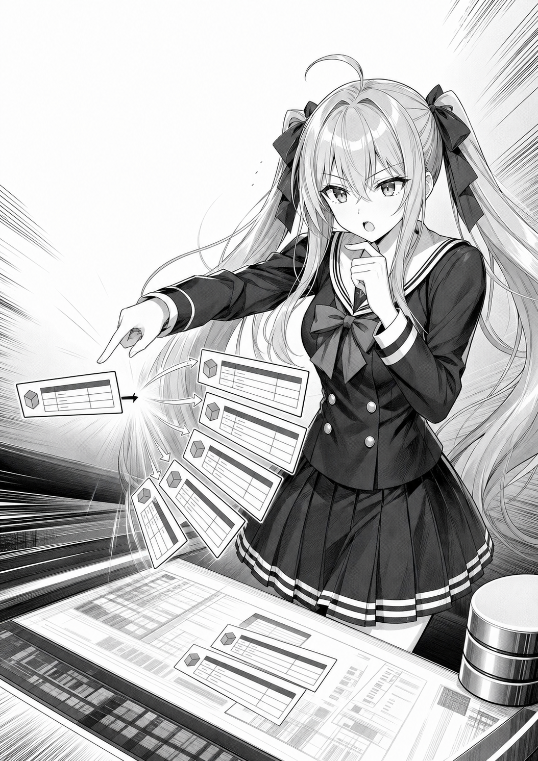 Black-and-white manga panel of Tsumugi catching duplicated database rows