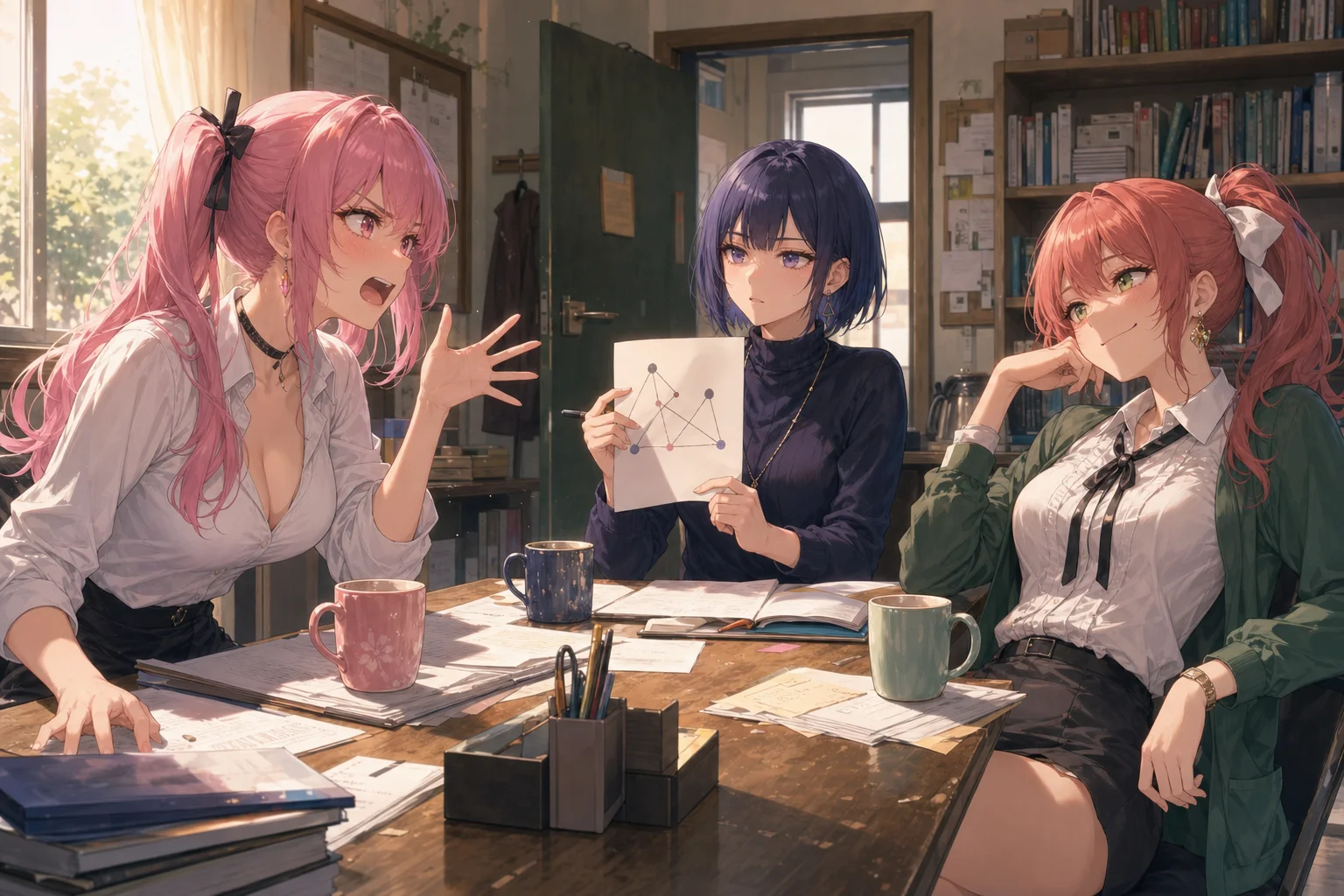 Tsumugi, Aimi, and Nora in the instructors' room