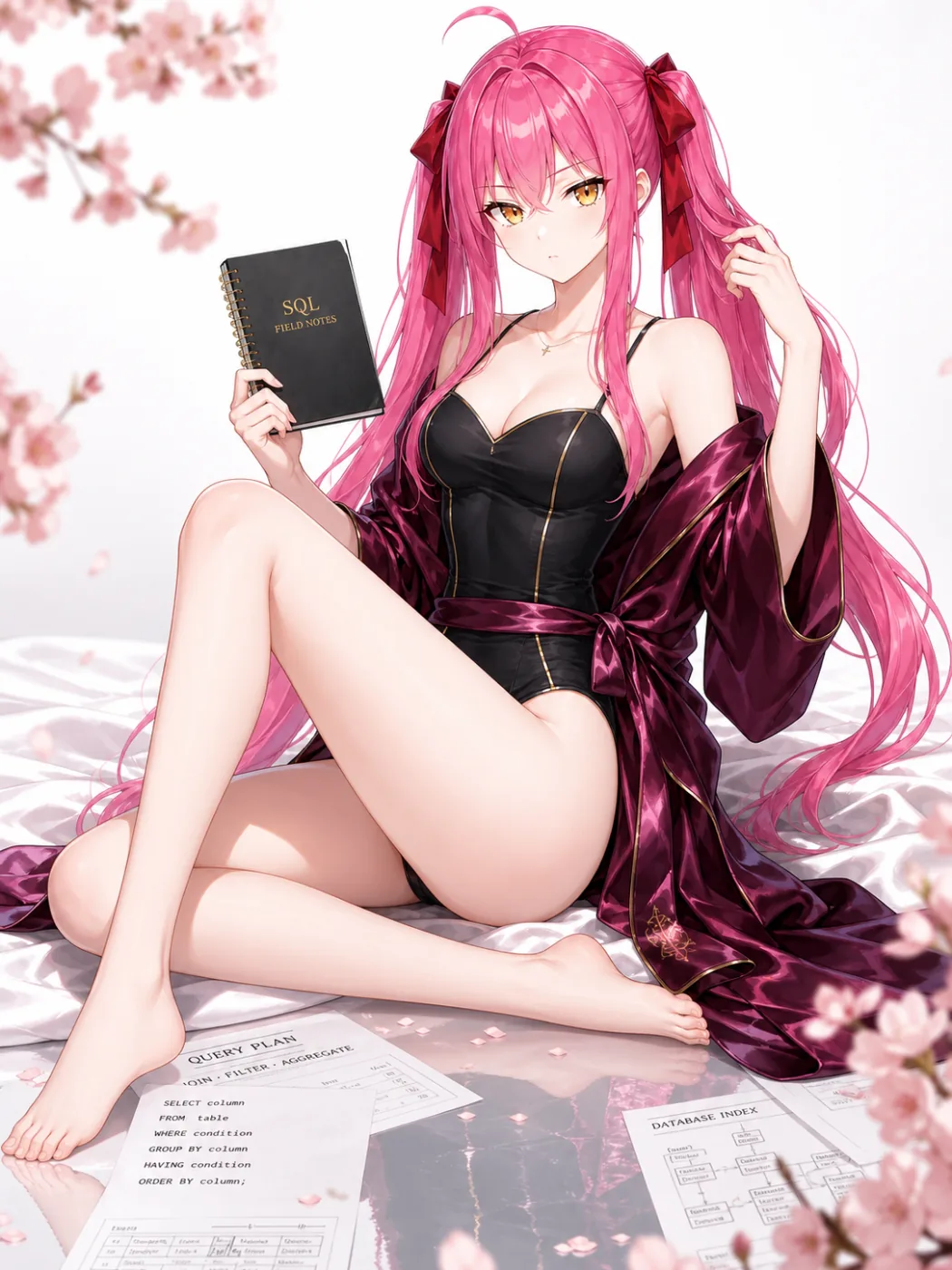 Tsumugi seated in a plum robe holding her SQL field notebook, query plan printouts on the floor