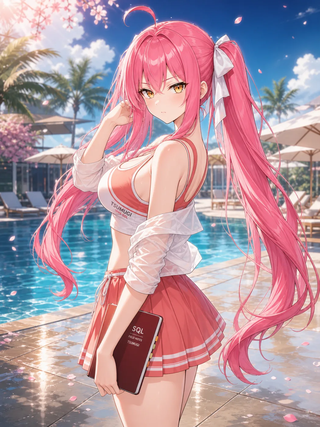 Tsumugi poolside in daylight holding a field-notes tablet