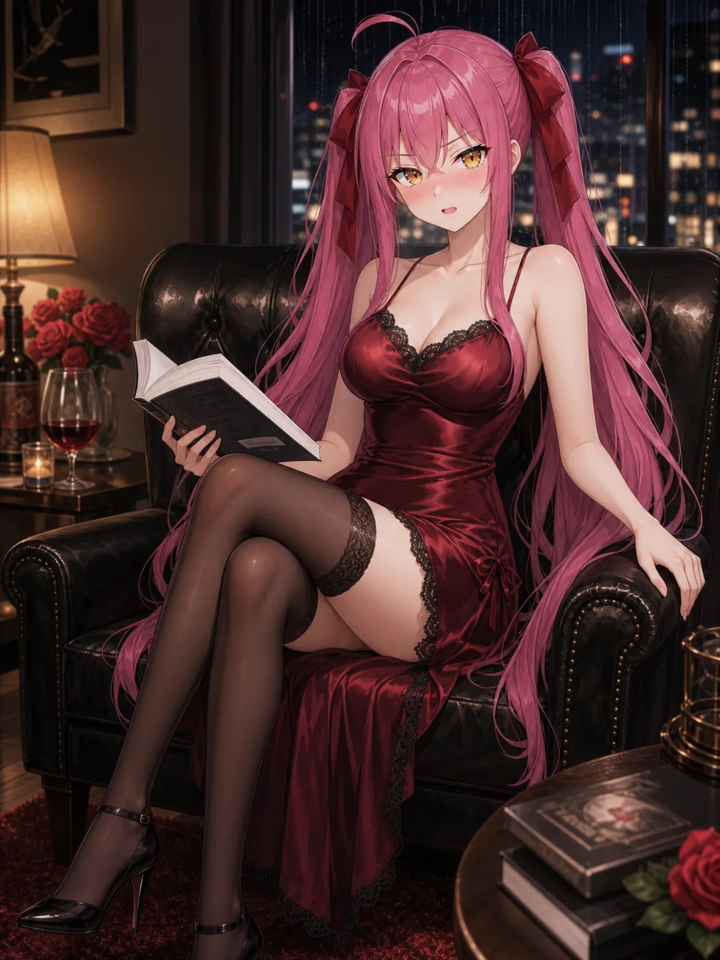 Tsumugi reading in an armchair at night, city window behind her