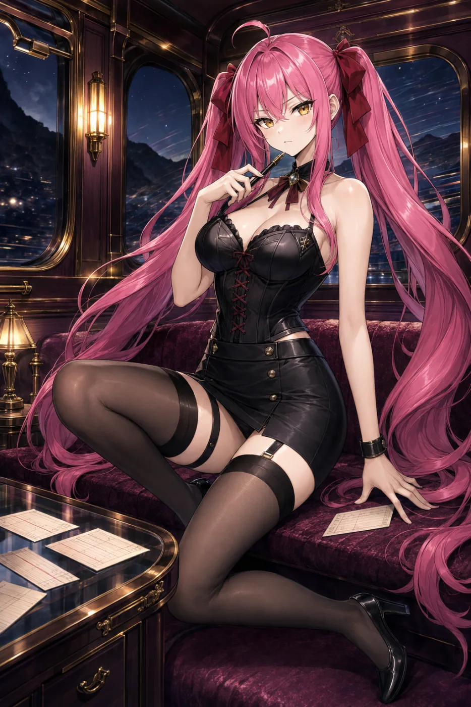 Tsumugi in a night train compartment with the December close on the table