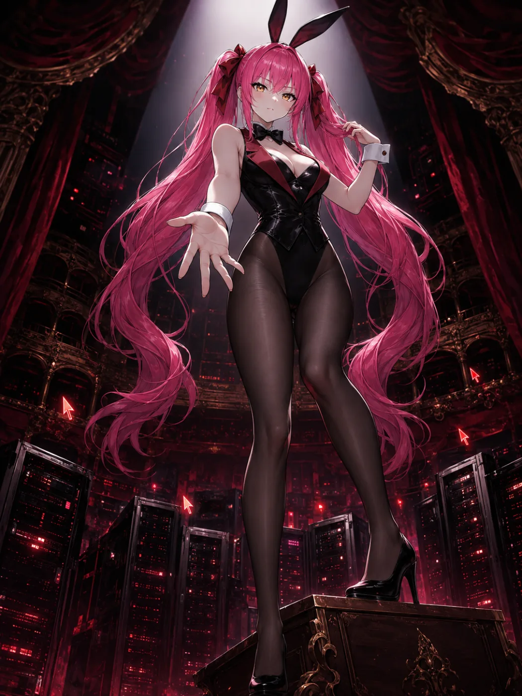 Tsumugi on a lit stage inside a cathedral of server racks